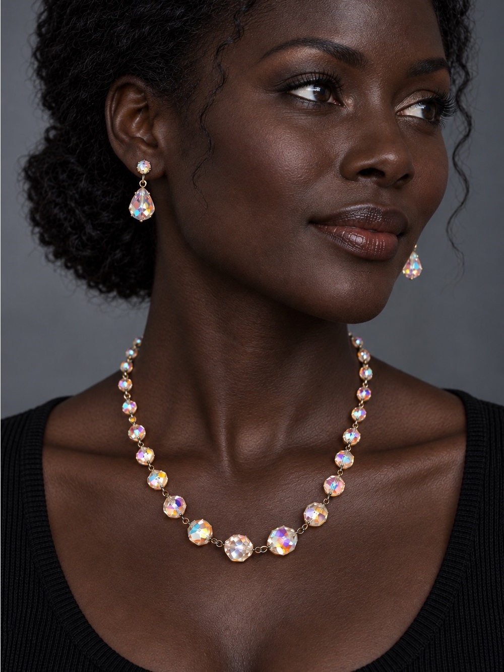 Aurora Borealis Crystal Necklace and Earrings Set in Iridescent Clear